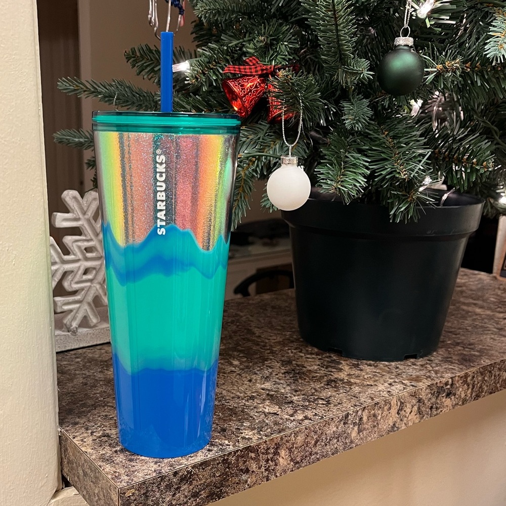 NWT Starbucks Spearmint Wave Venti Tumbler Blue and Green Sparkle Glitter Wave